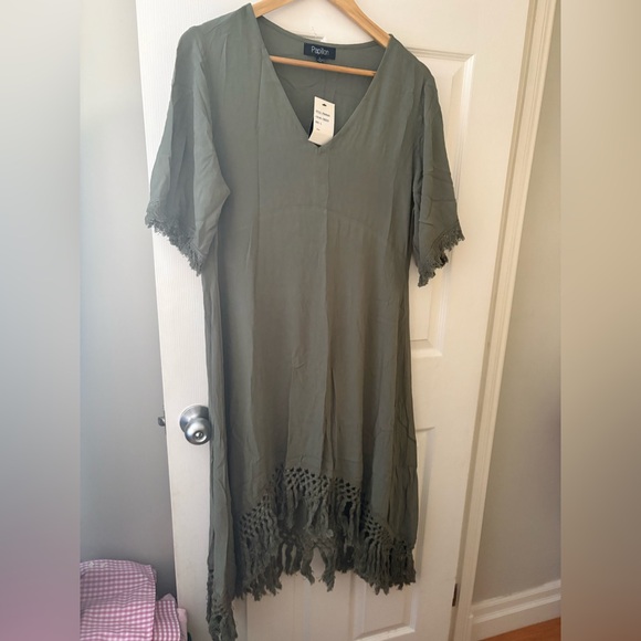 Papillon NWT green fringe short sleeve dress size large viscose boho - Picture 2 of 8